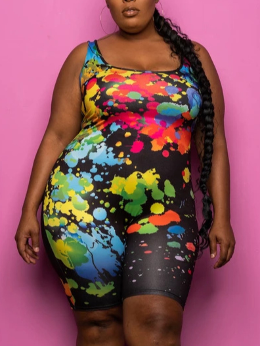 

LW SXY Plus Size Splash-ink Design Stretchy Romper, Black