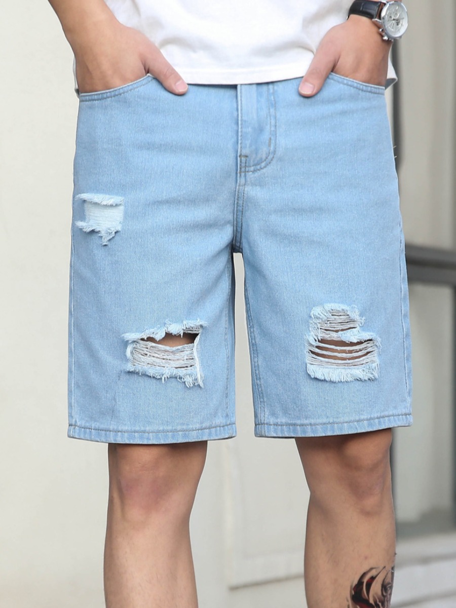 

LW Men Mid Waist Ripped Denim Shorts, Baby blue