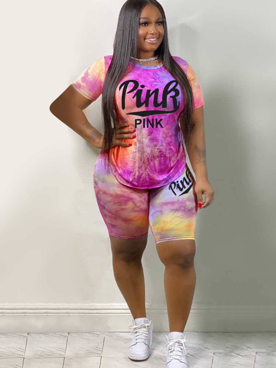 LW Plus Size Pink Letter Print Tie-dye Shorts Set