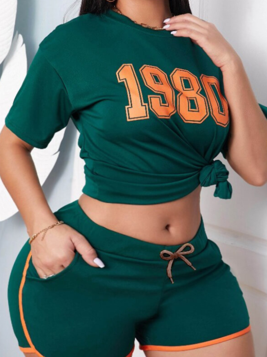 LW Plus Size Sportswear O Neck Letter Print Green Two-piece Shorts Set