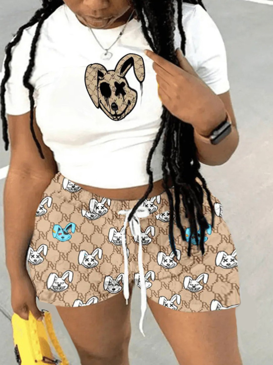 LovelyWholesale Plus Size Cartoon Print Drawstring Shorts Set Summer Short Sleeve Casual Round Neck  5X Spring Summer 2024