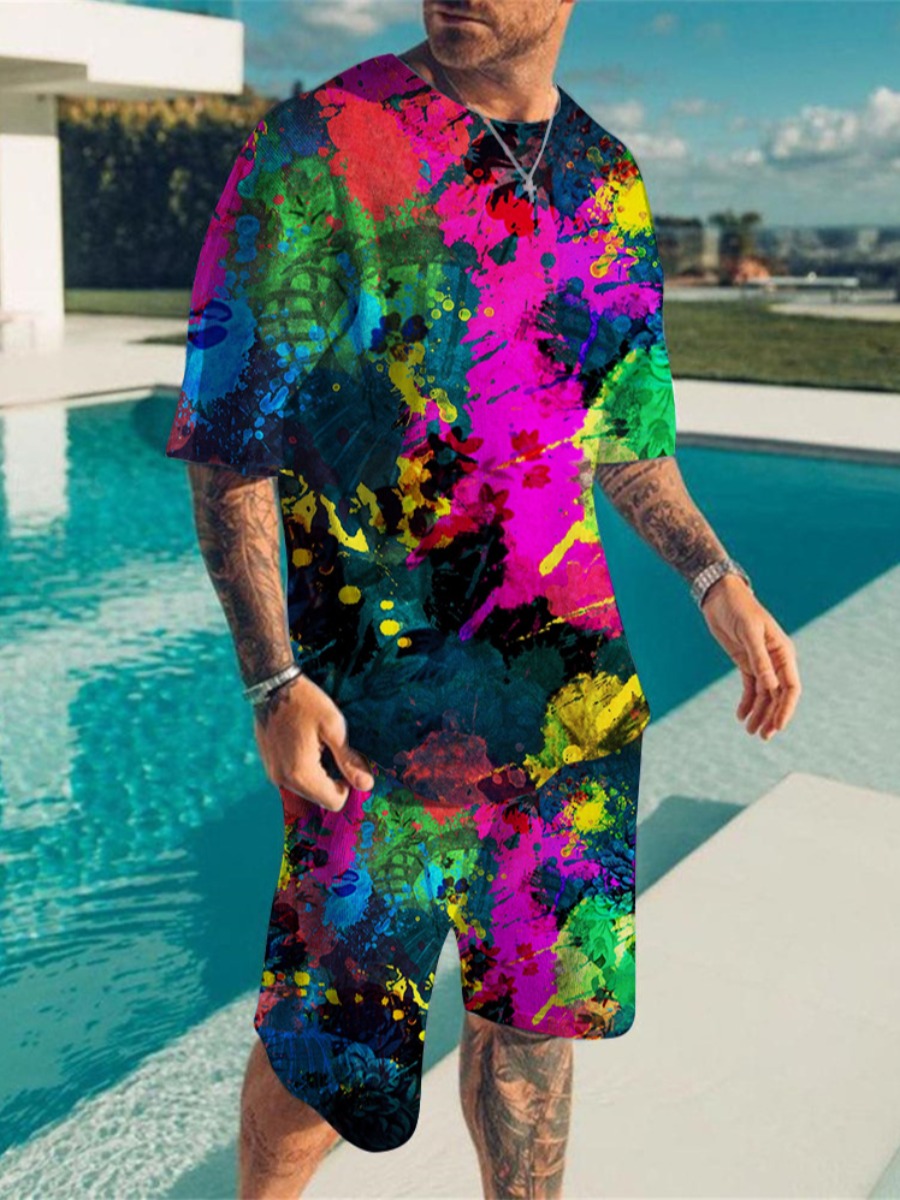 LW Men Splash-ink Loose Shorts Set