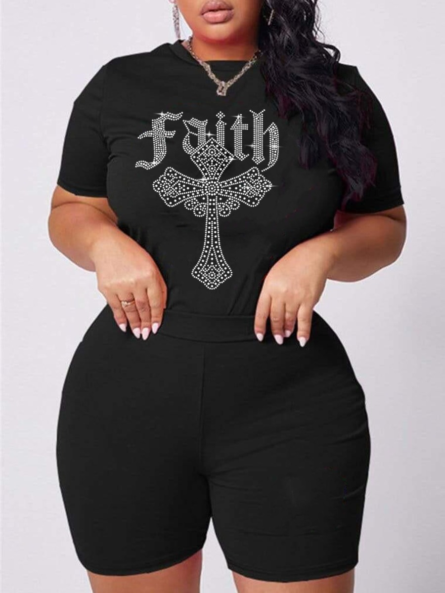

LW Plus Size Rhinestone Faith Letter Shorts Set, Black