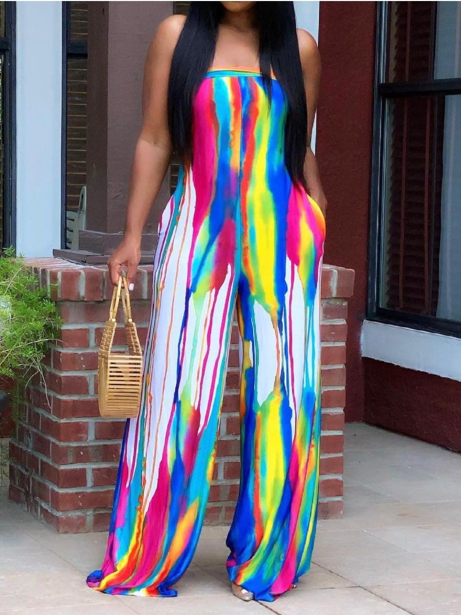 

LW Off The Shoulder Tie-dye Wide Leg Jumpsuit, Blue