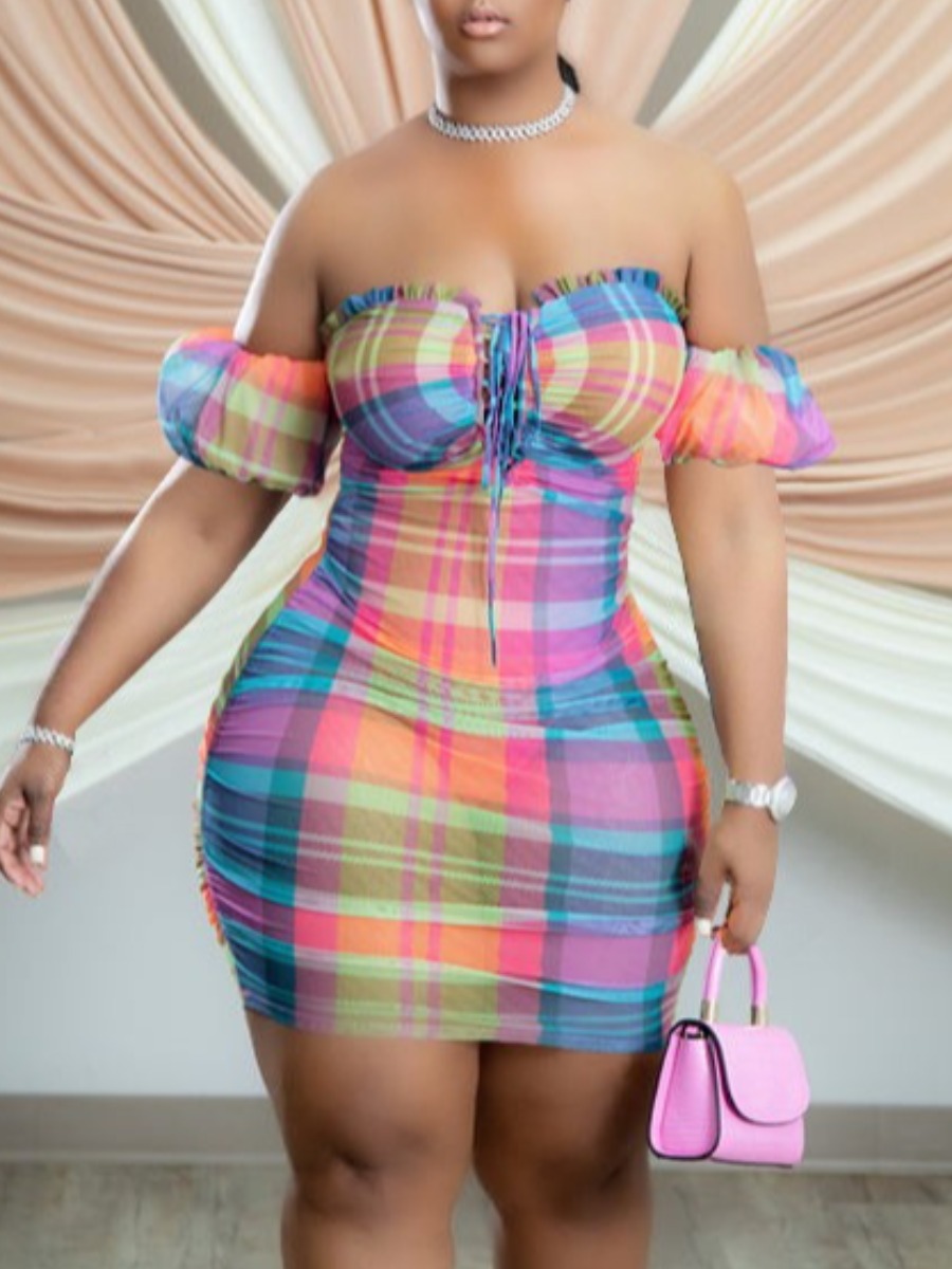 

LW Plus Size Off The Shoulder Plaid Print Dress, Multicolor lattices