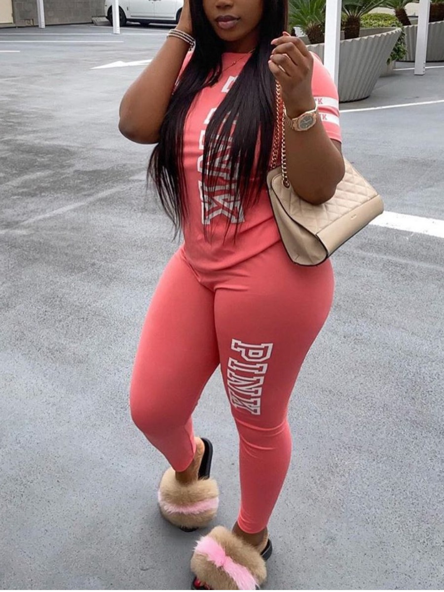LW Pink Letter Print Striped Pants Set