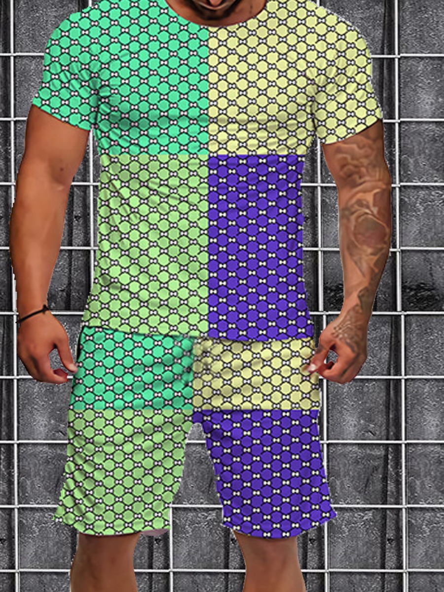 LW Men Geometric Print Patchwork Shorts Set