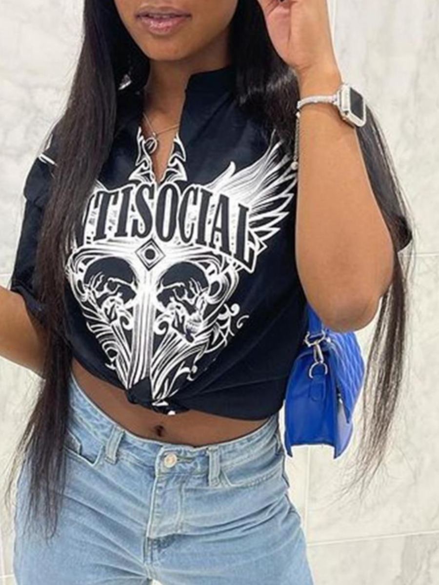 

LW COTTON Skull Head Letter Print Split T-shirt, Black