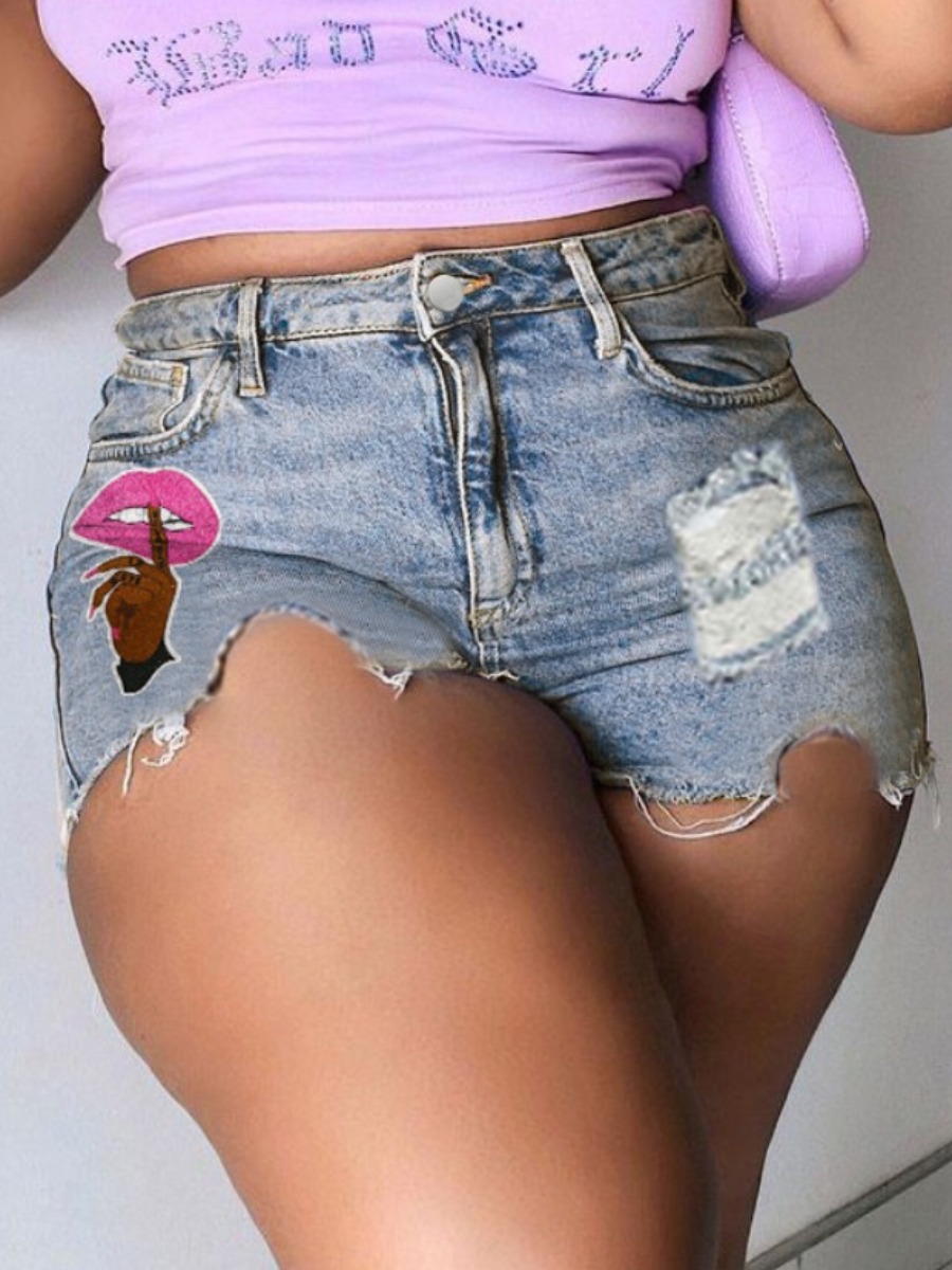 

LW Mid-Waist Sequin Lip Print Low Stretchy Denim Shorts, Blue