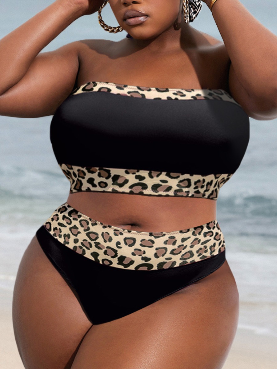 

LW SXY Off The Shoulder Leopard Print Bikini Set, Black