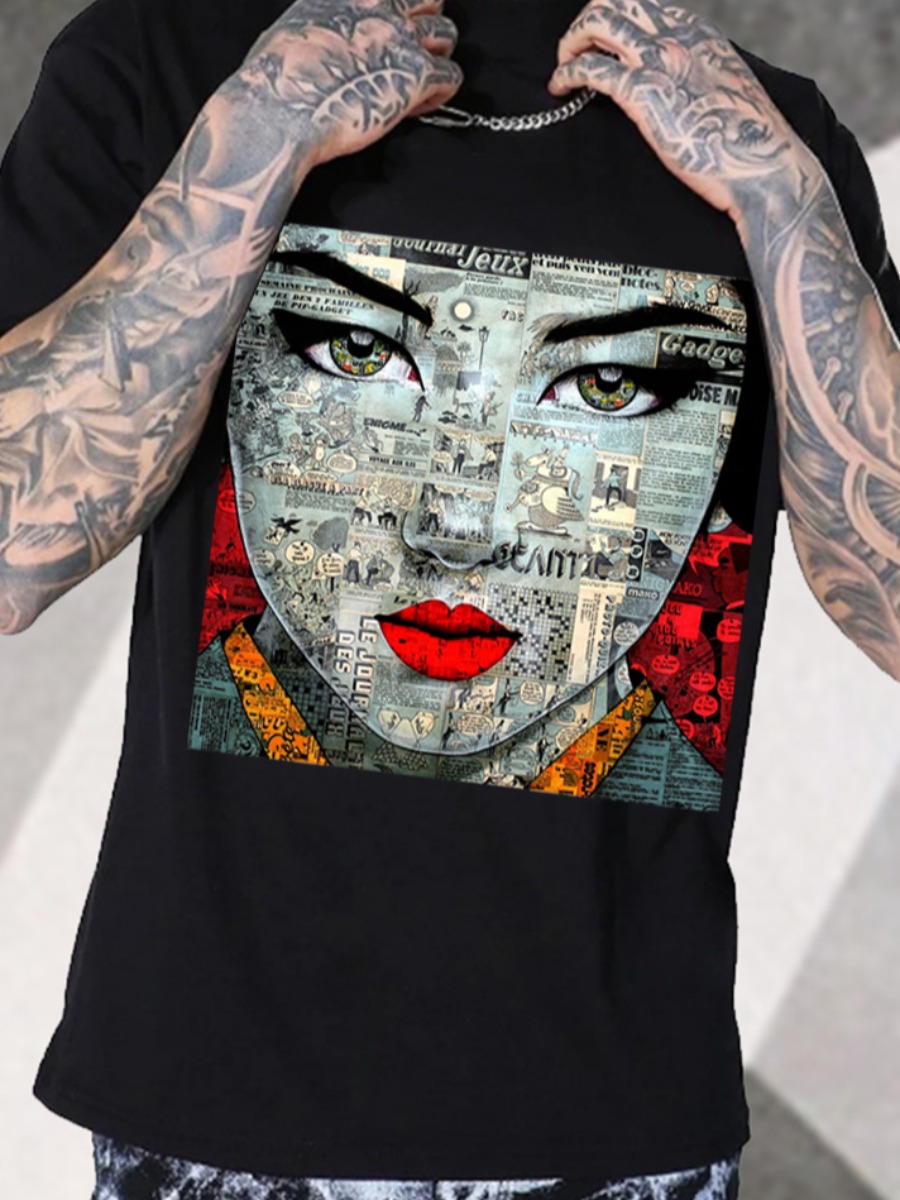

LW Men Figure Print Patchwork T-shirt, Black