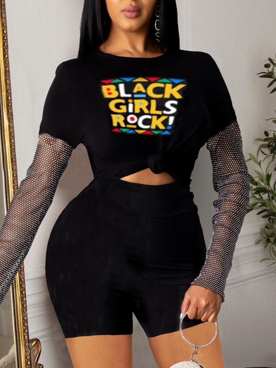 

LW Letter Print Sequined Sleeve Shorts Set, Black