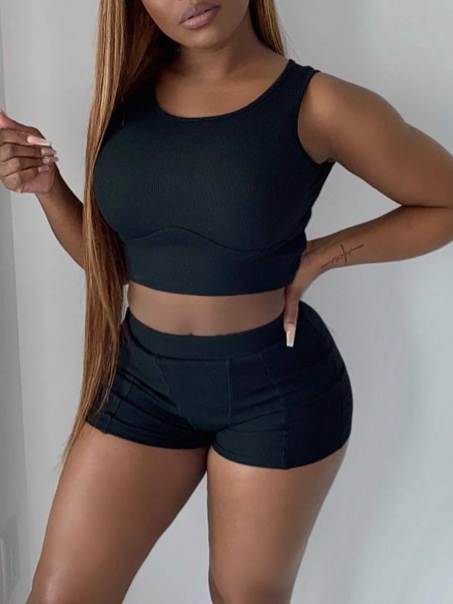 

LW Round Neck Crop Top Shorts Set, Black