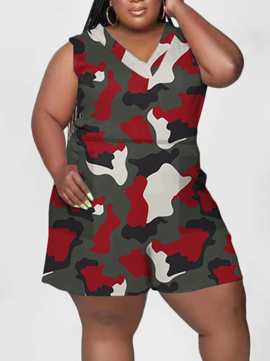 

LW Plus Size V Neck Camo Print Romper, Red