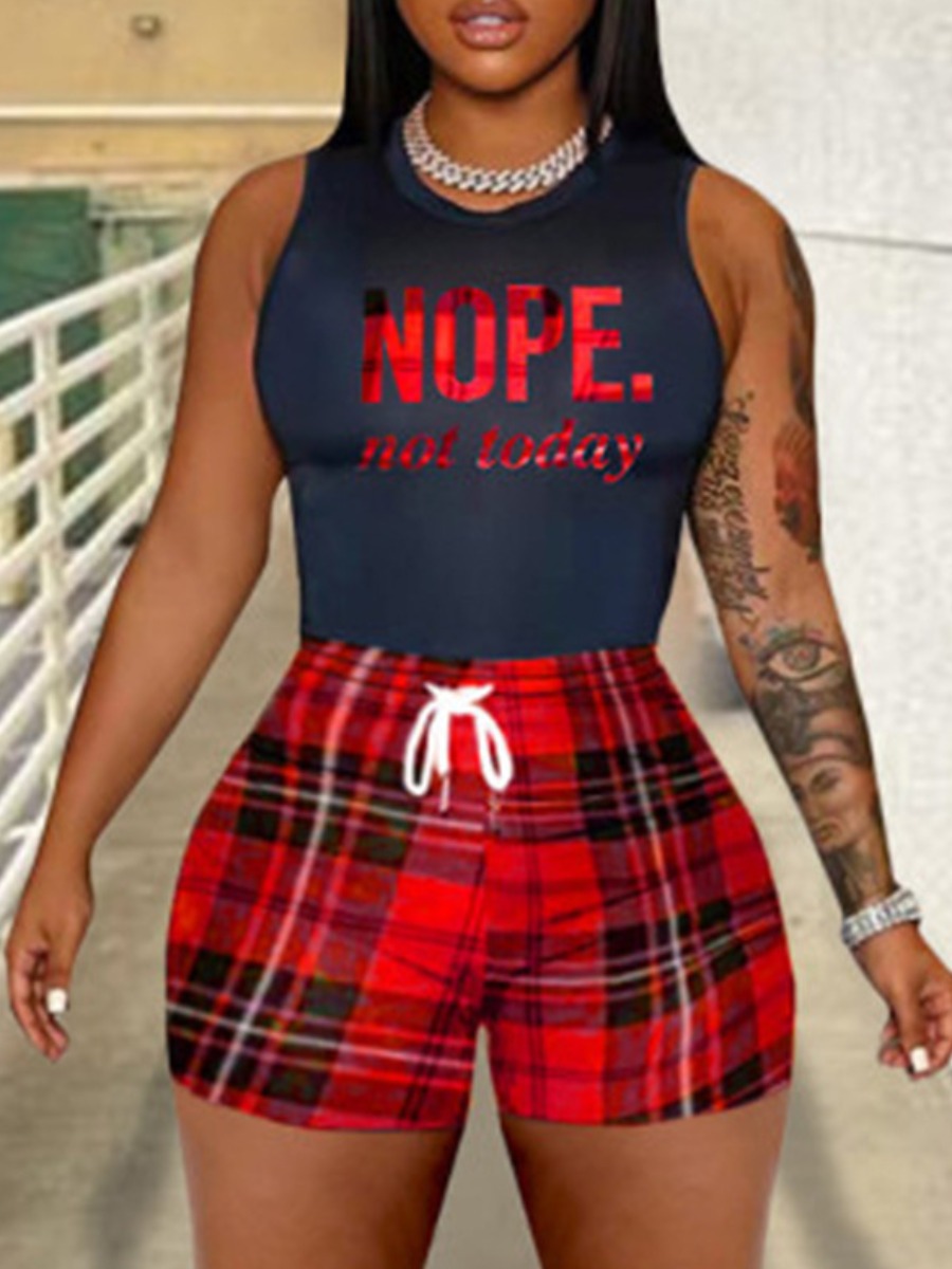 

LW Nope Letter Plaid Print Drawstring Shorts Set, Red