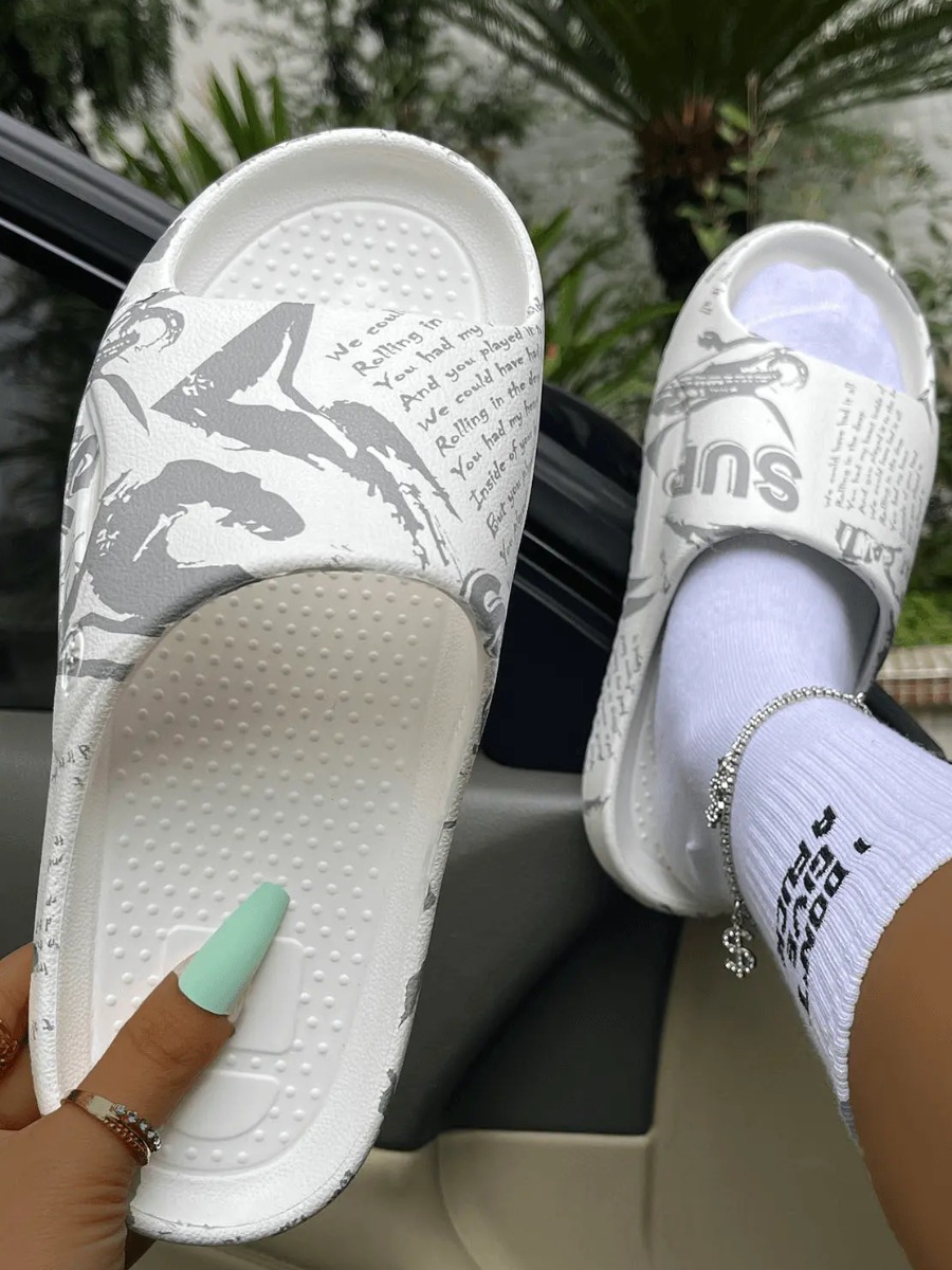 

LW Letter Print Yeezy Slides, White