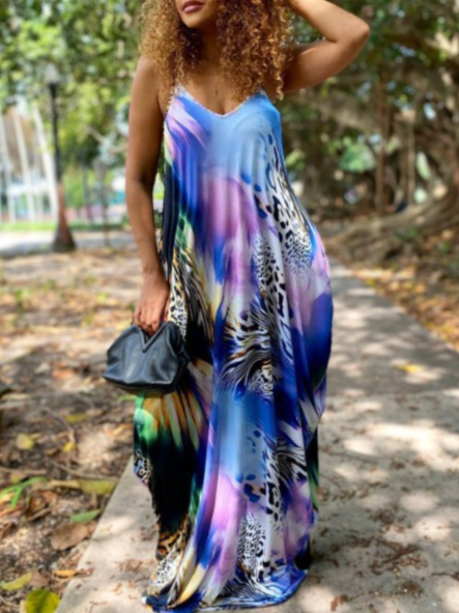 LovelyWholesale Leopard Print Loose Cami Dress Summer Sleeveless Vacation Pattern Spaghetti Strap Spring Summer 2024