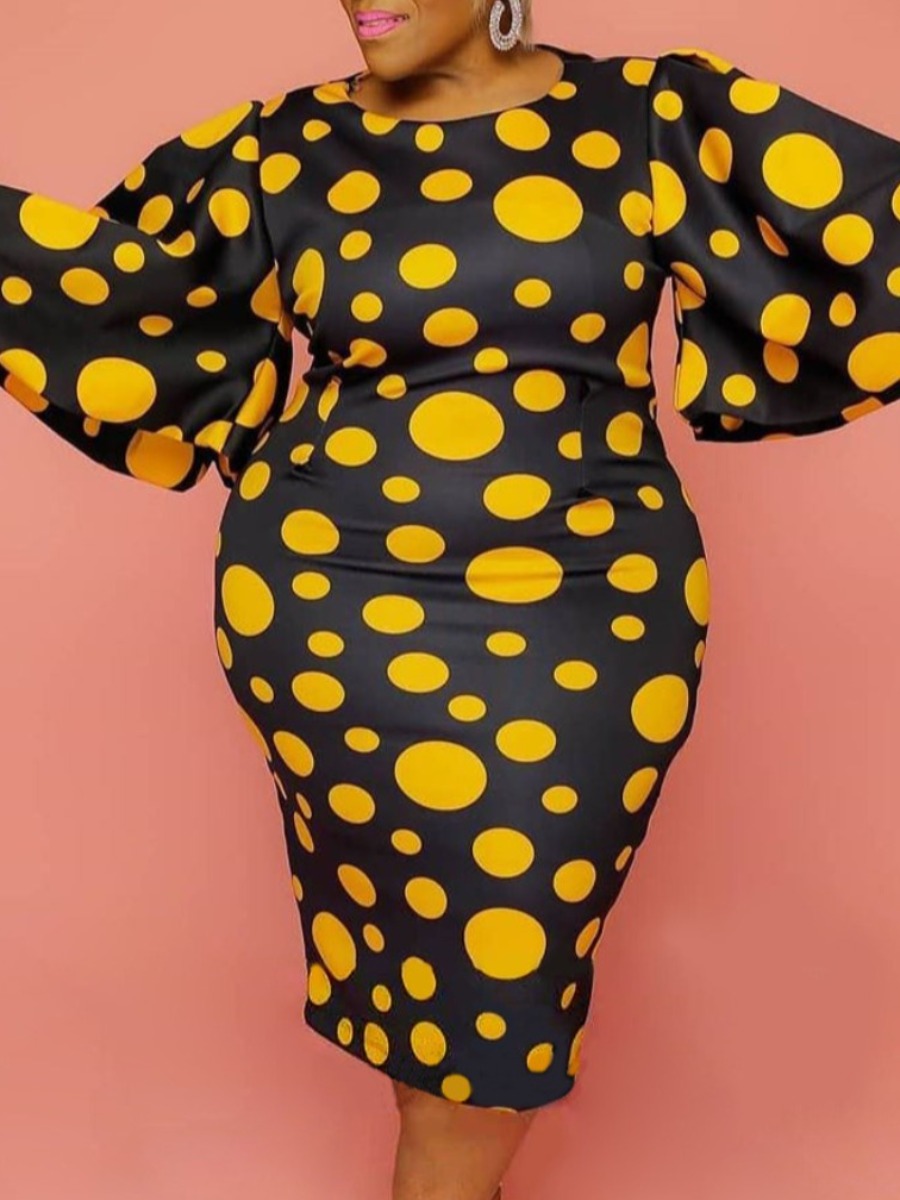 

LW Plus Size Dot Print Wide Sleeve Bodycon Dress, Yellow