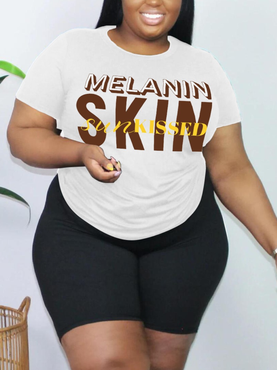 

LW Plus Size Melanin Letter Print Shorts Set, White