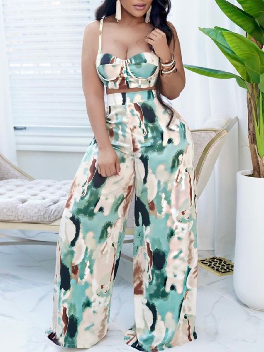 LovelyWholesale Cami Mixed Print Wide Leg Pants Set Spring Sleeveless Vacation Spaghetti Strap Spring Summer 2024