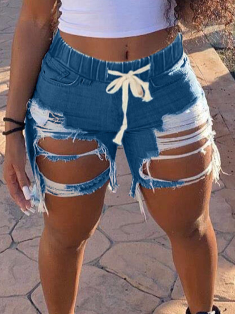 LW Mid Waist Distressed Ripped Drawstring Denim Shorts