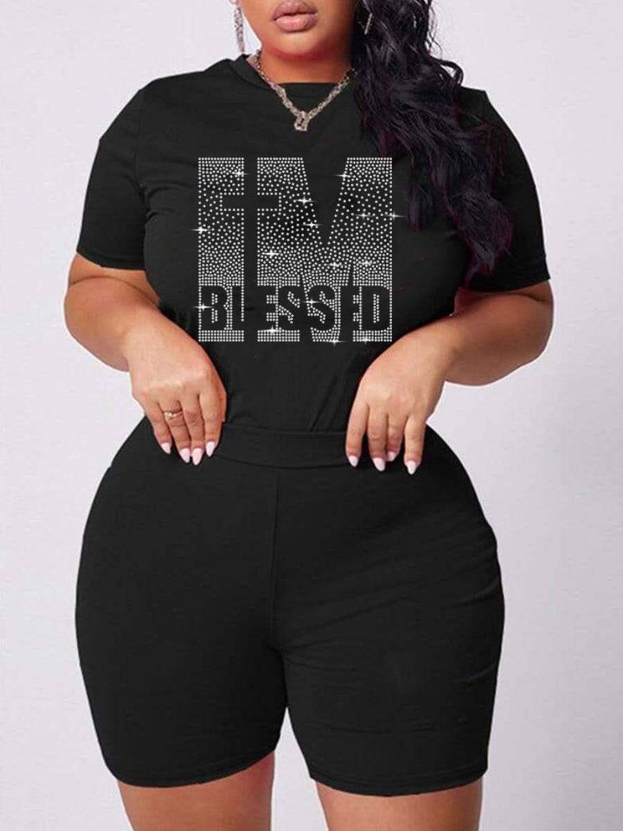 

LW Plus Size Rhinestone Blessed Letter Shorts Set, Black