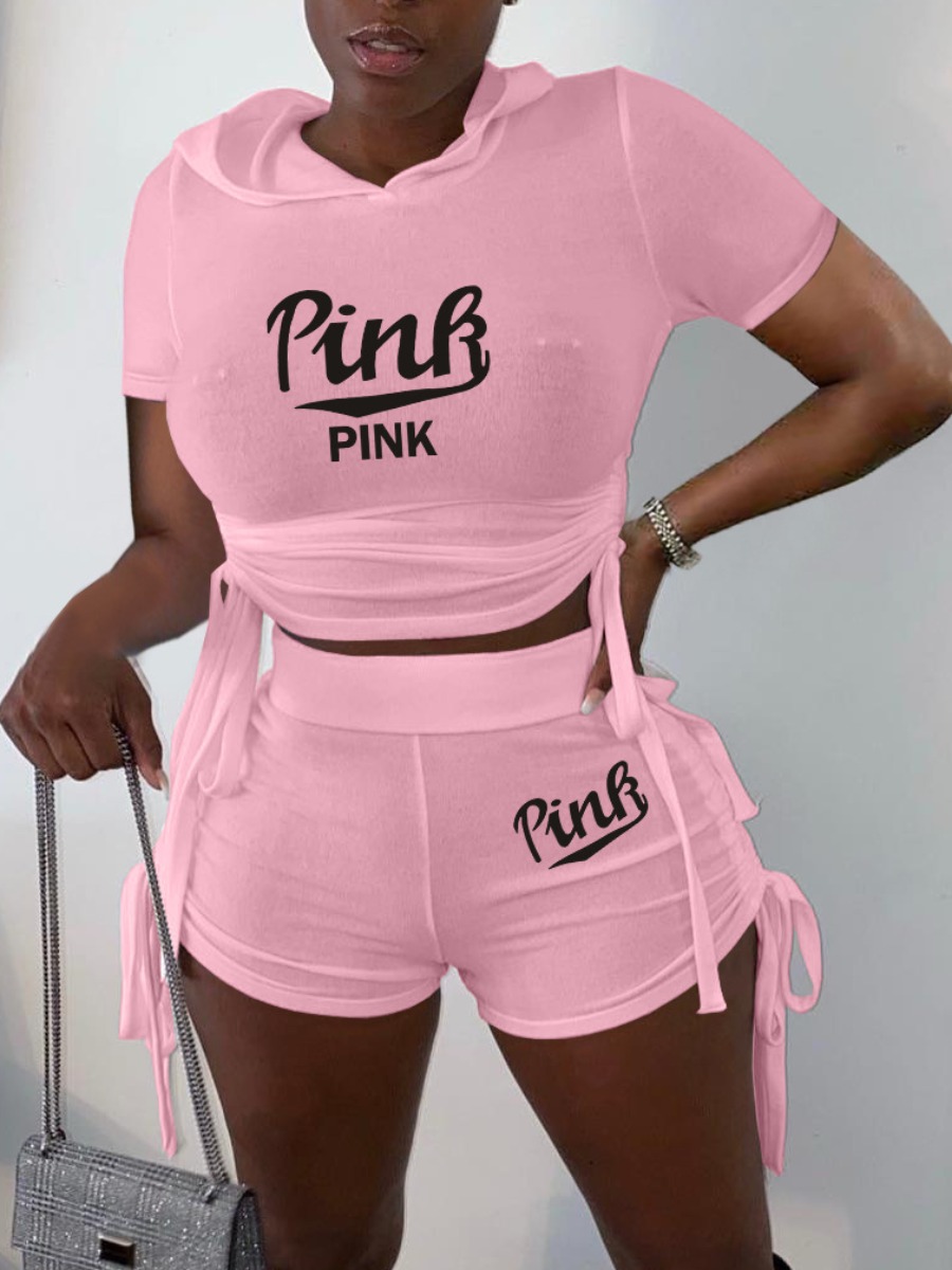 

LW Cotton-Feel Pink Letter Print Drawstring Shorts Set