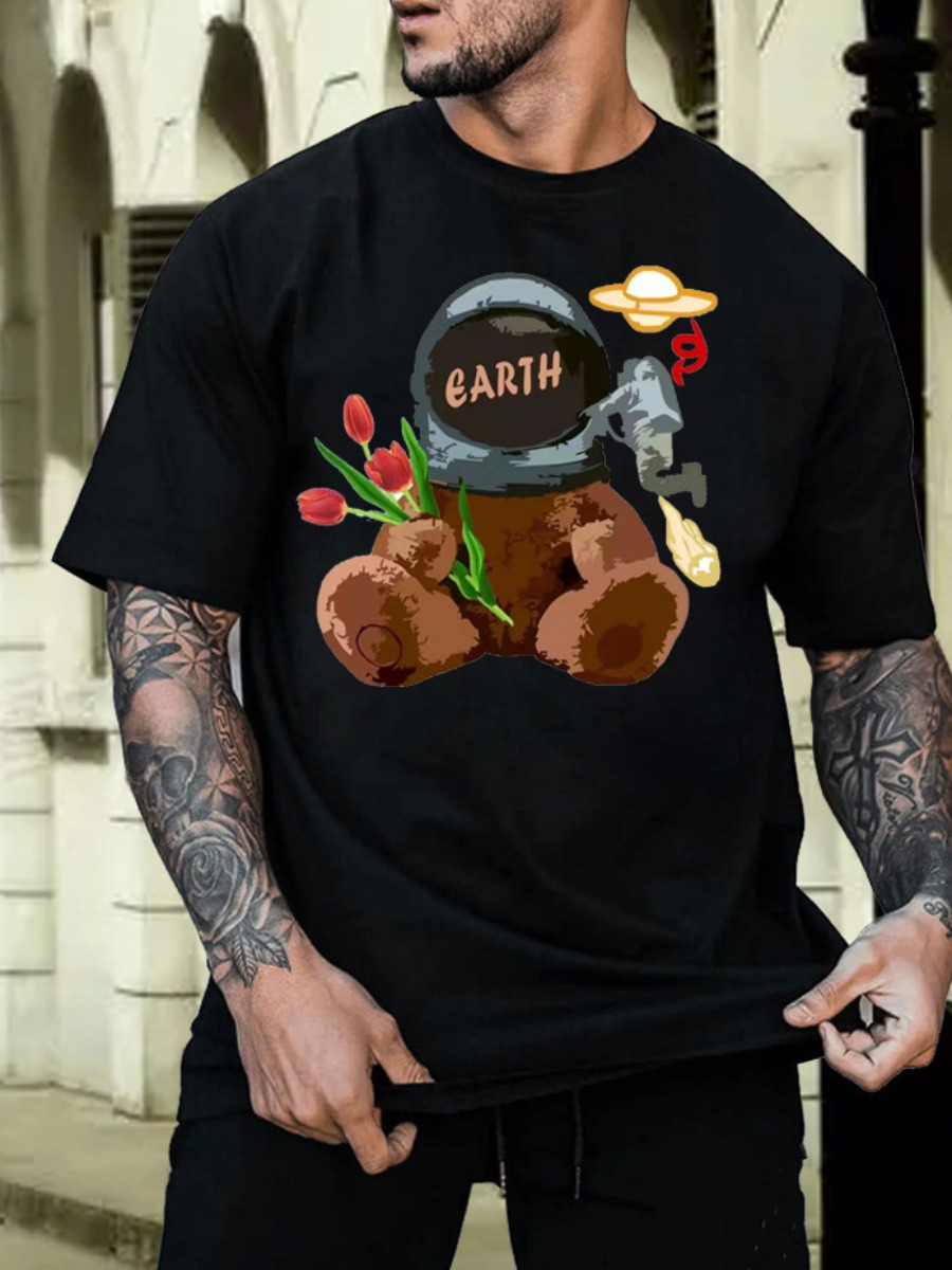 

LW Men Cartoon Floral Print T-shirt, Black