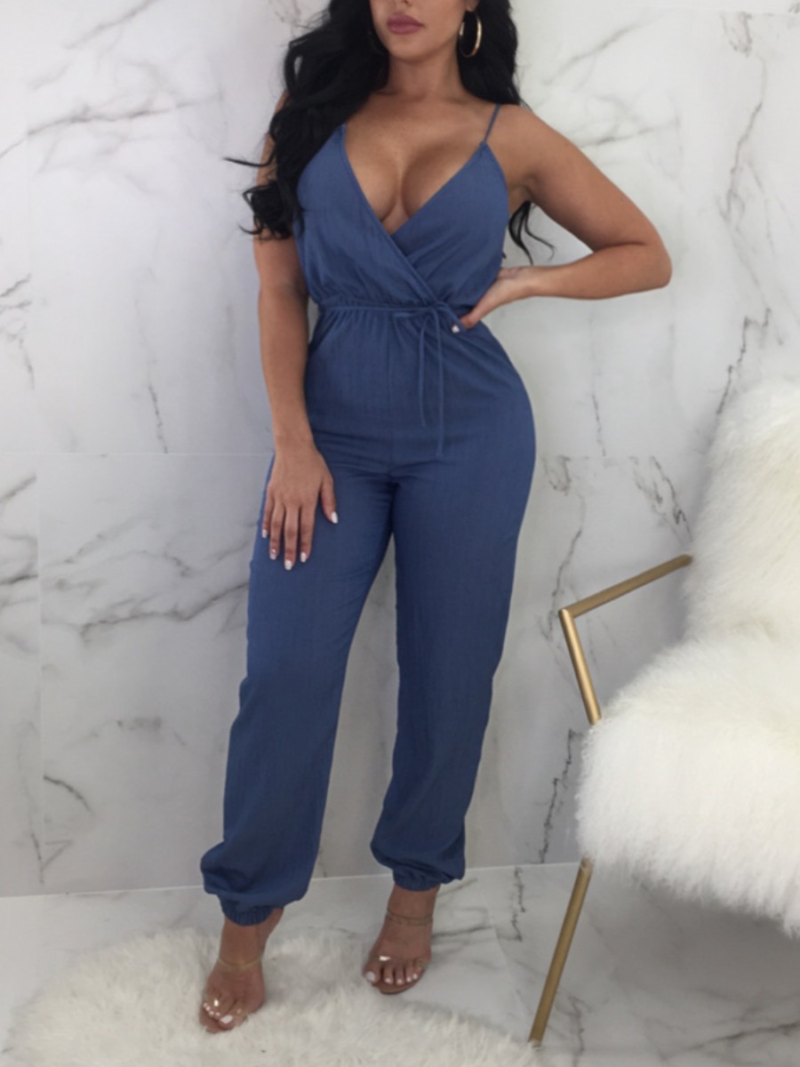 

LW High Stretchy Cami Denim Jumpsuit, Blue