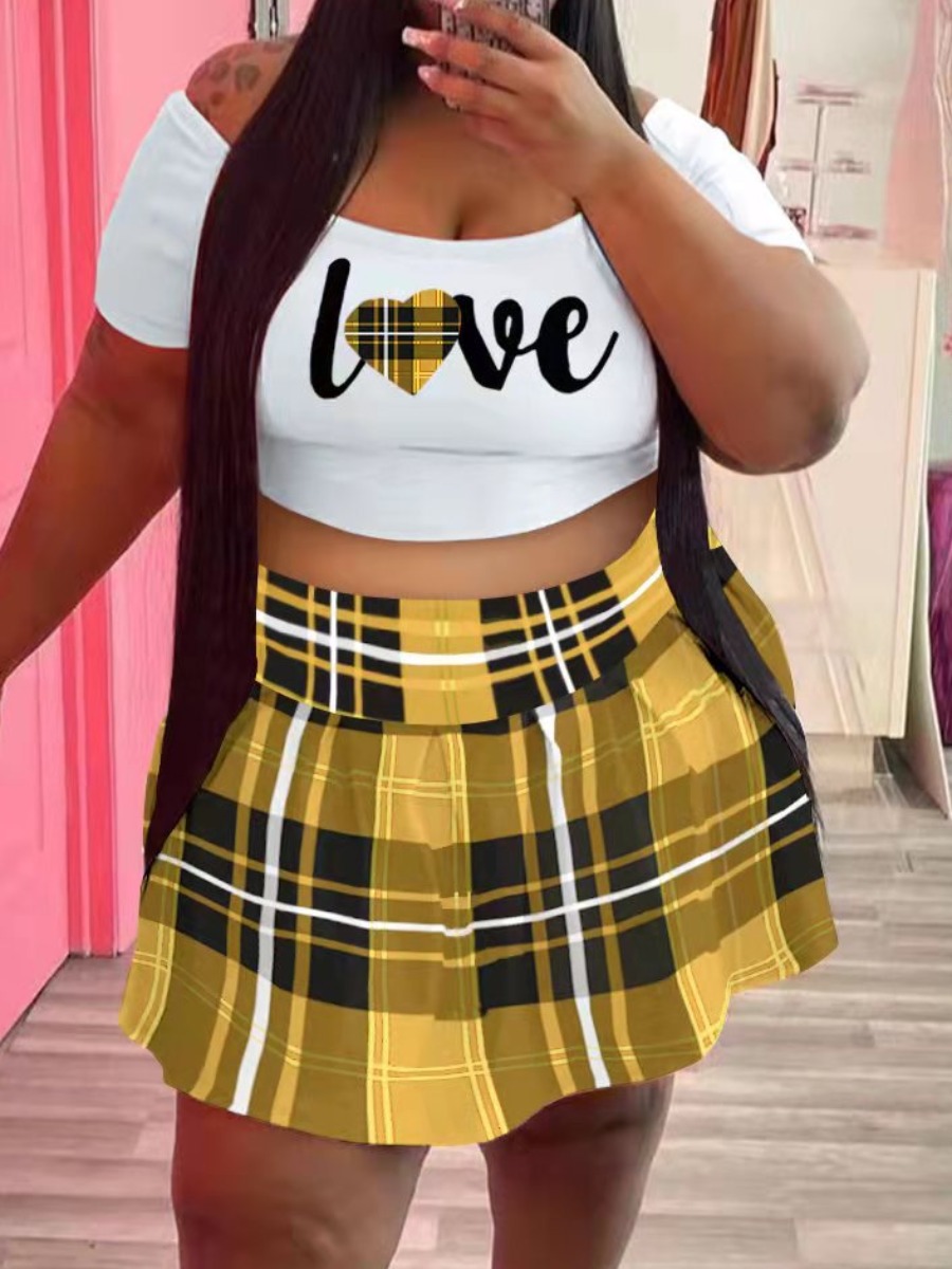 

LW Plus Size Crop Top Plaid Letter Print Skirt Set, Yellow