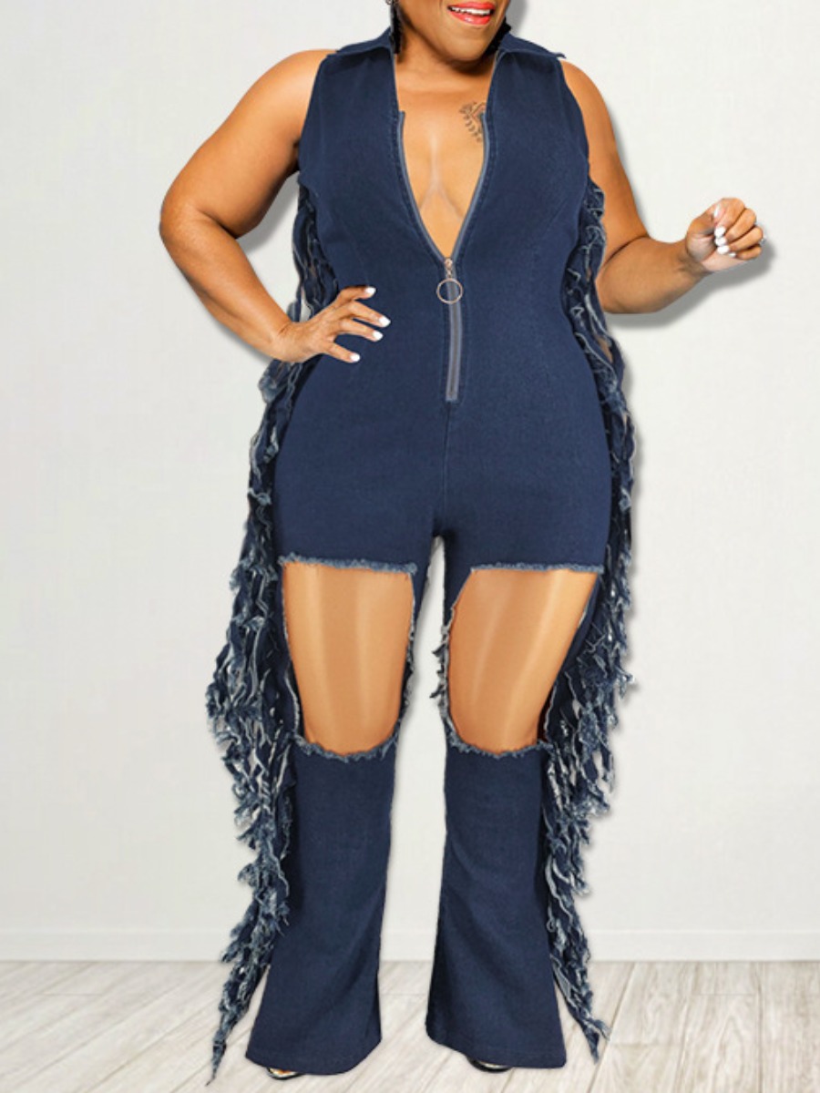 

LW Plus Size Ripped Tassel Design Denim Jumpsuit, Deep blue