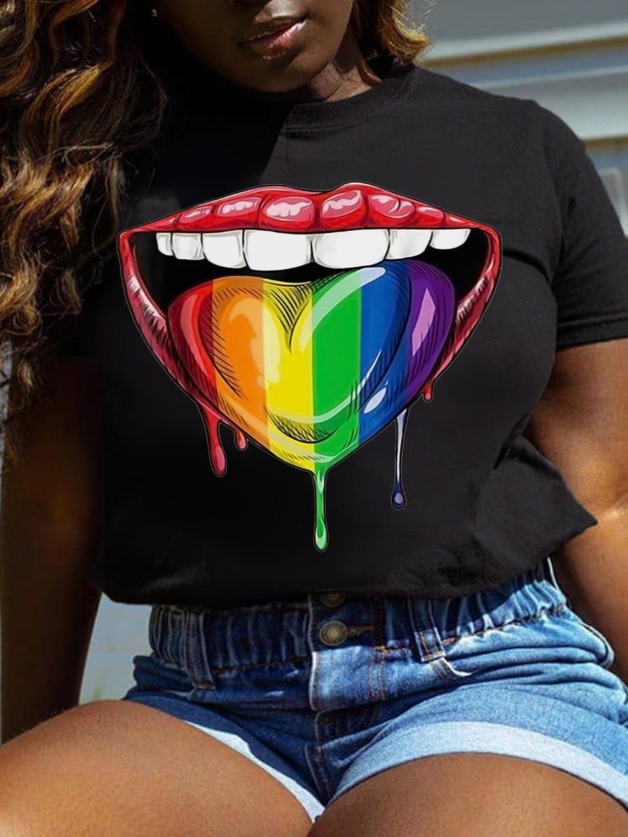 

LW Plus Size Round Neck Rainbow Lip Print T-shirt, Black