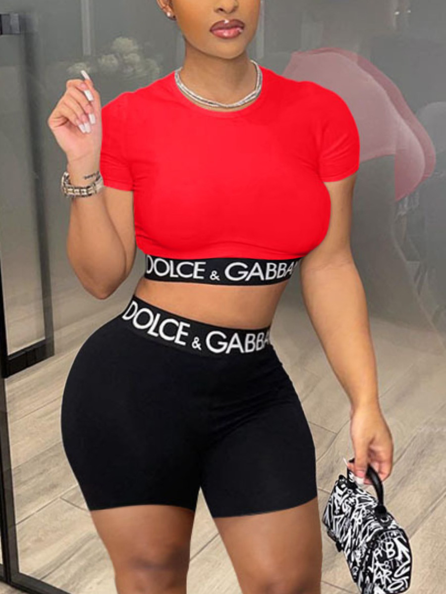 

LW Plus Size Crop Top Letter Print Shorts Set, Red