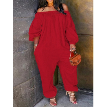 

LW Plus Size Off The Shoulder Pocket Loose Jumpsuit, Red