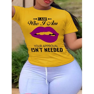

LW Plus Size Lip Letter Print T-shirt, Yellow
