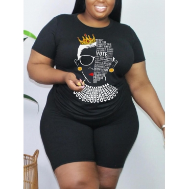 

LW Plus Size Crown Letter Print Shorts Set, Black