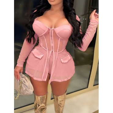

LW SXY Plus Size Zipper Design See-through Shorts Set, Light pink