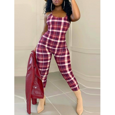 

LW Plaid Print Backless Cross Strap Jumpsuit, Red