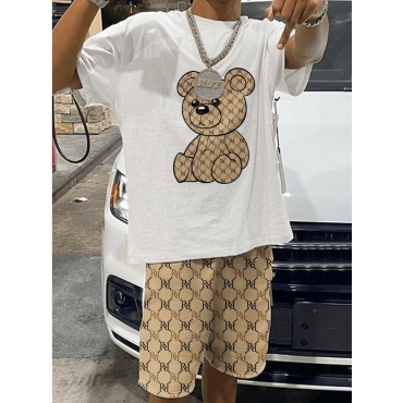 

LW Men Geometric Cartoon Print Shorts Set, White