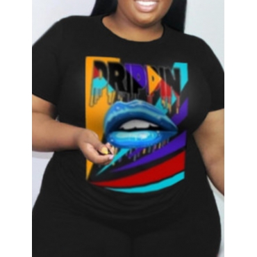 

LW Plus Size Lip Kiss Letter Print T-shirt, Black