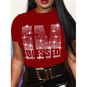 

LW Plus Size Rhinestone Blessed Letter T-shirt, Red