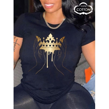 

LW COTTON Plus Size Round Neck Crown Print T-shirt, Black