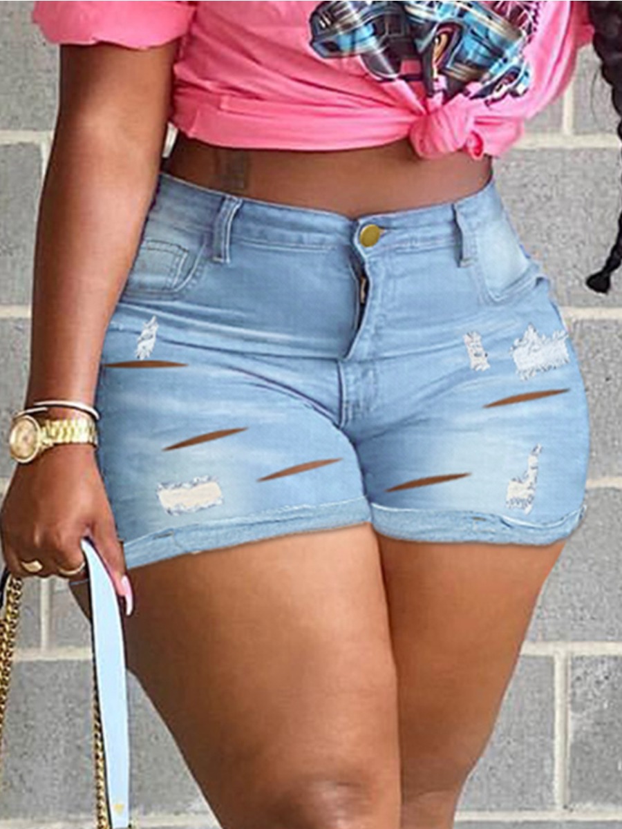 

LW Plus Size Mid Waist Ripped Denim Shorts, Baby blue