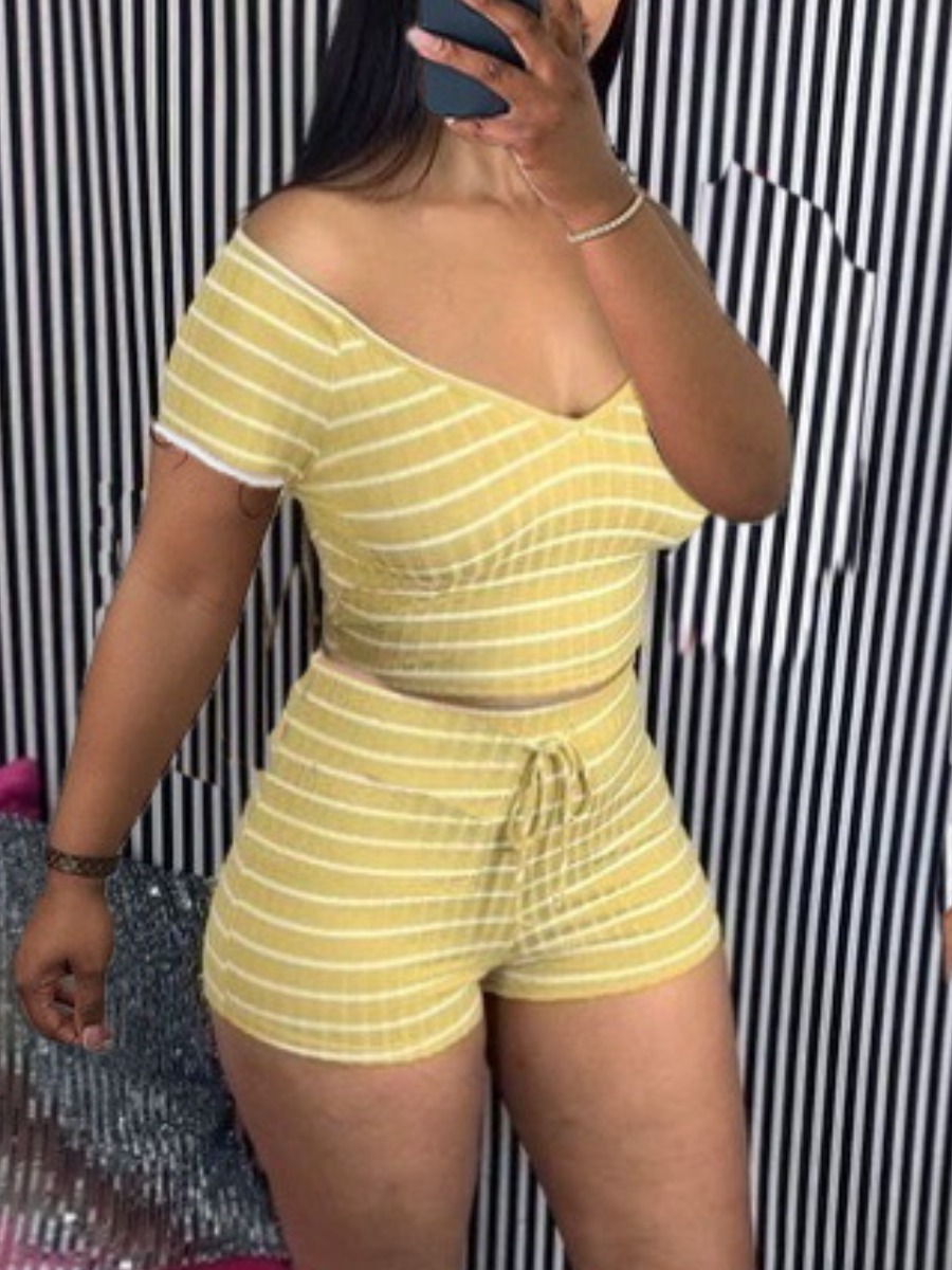 

LW Cotton-Feel Off The Shoulder Striped Shorts Set, Light yellow