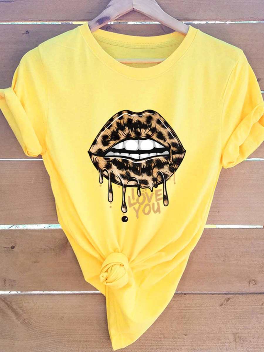 

LW COTTON Plus Size Leopard Lip Print T-shirt, Yellow