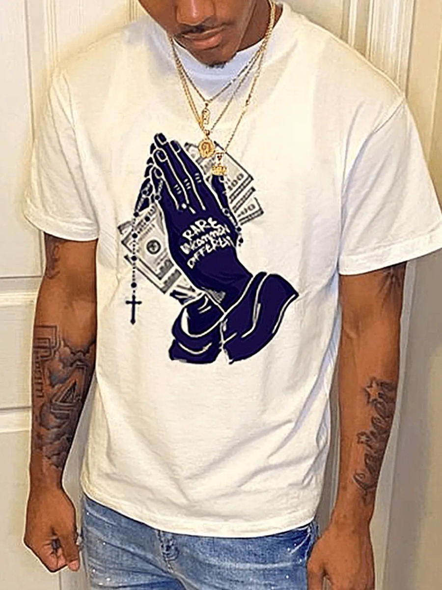 

LW Men Money Letter Print T-shirt, White