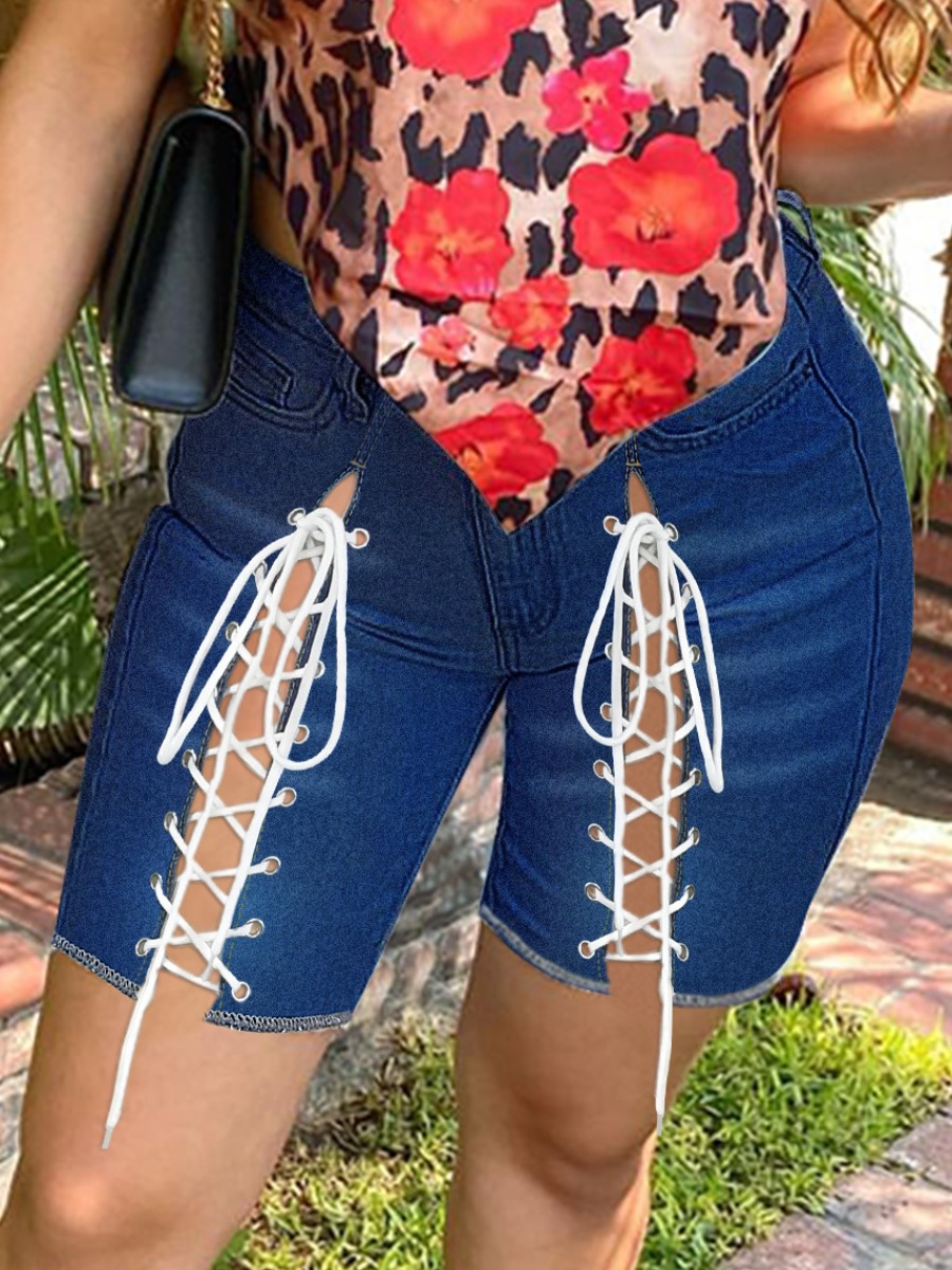 

LW Bandage Design Split Denim Shorts, Deep blue