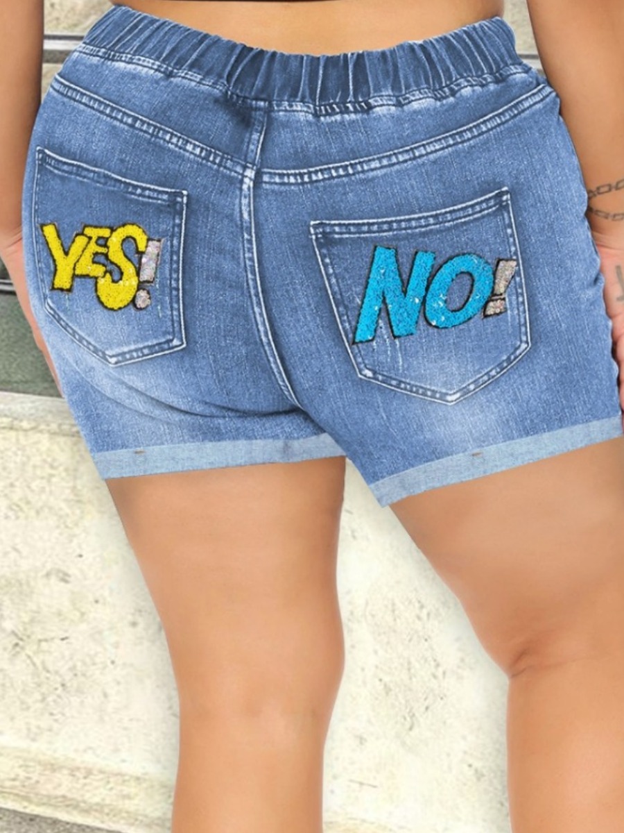 

LW Plus Size Mid-Waist Sequin Yes No Letter Print Denim Shorts, Blue