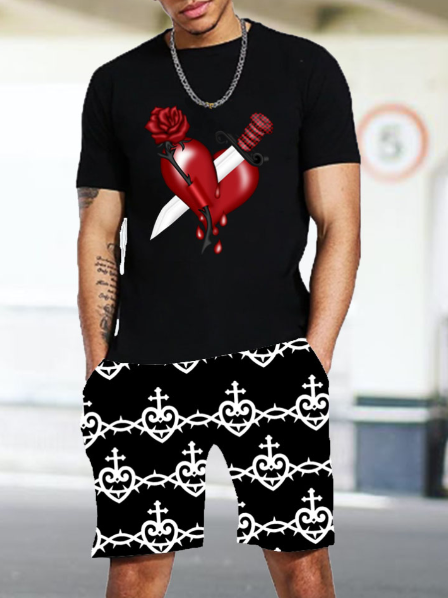 

LW Men Floral Heart Print Shorts Set, Black