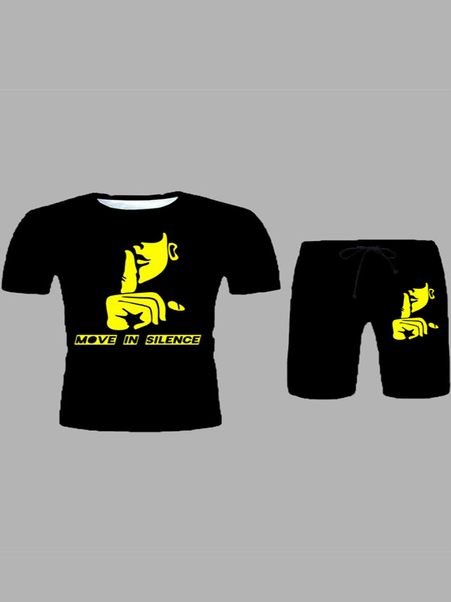 LovelyWholesale Men Casual Figure Letter Print Black Two Piece Shorts Set Summer Short Sleeve Casual Letter Round Neck Spring Summer 2024